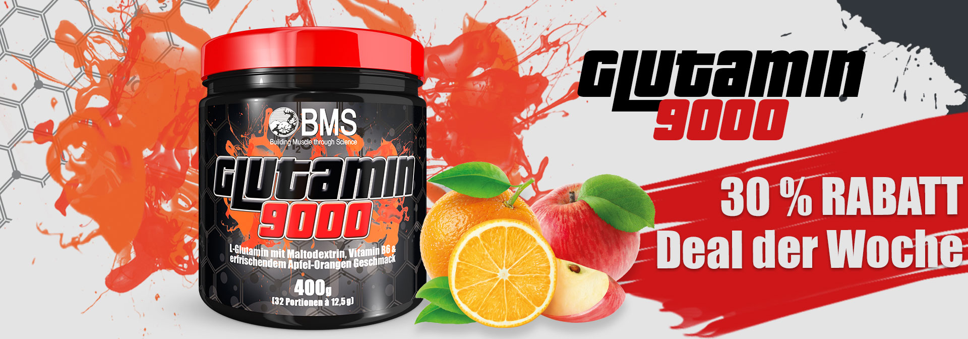 BMS Deal der Woche - 30% Rabatt auf Glutamin 9000 (400 g Apfel-Orange Geschmack)
